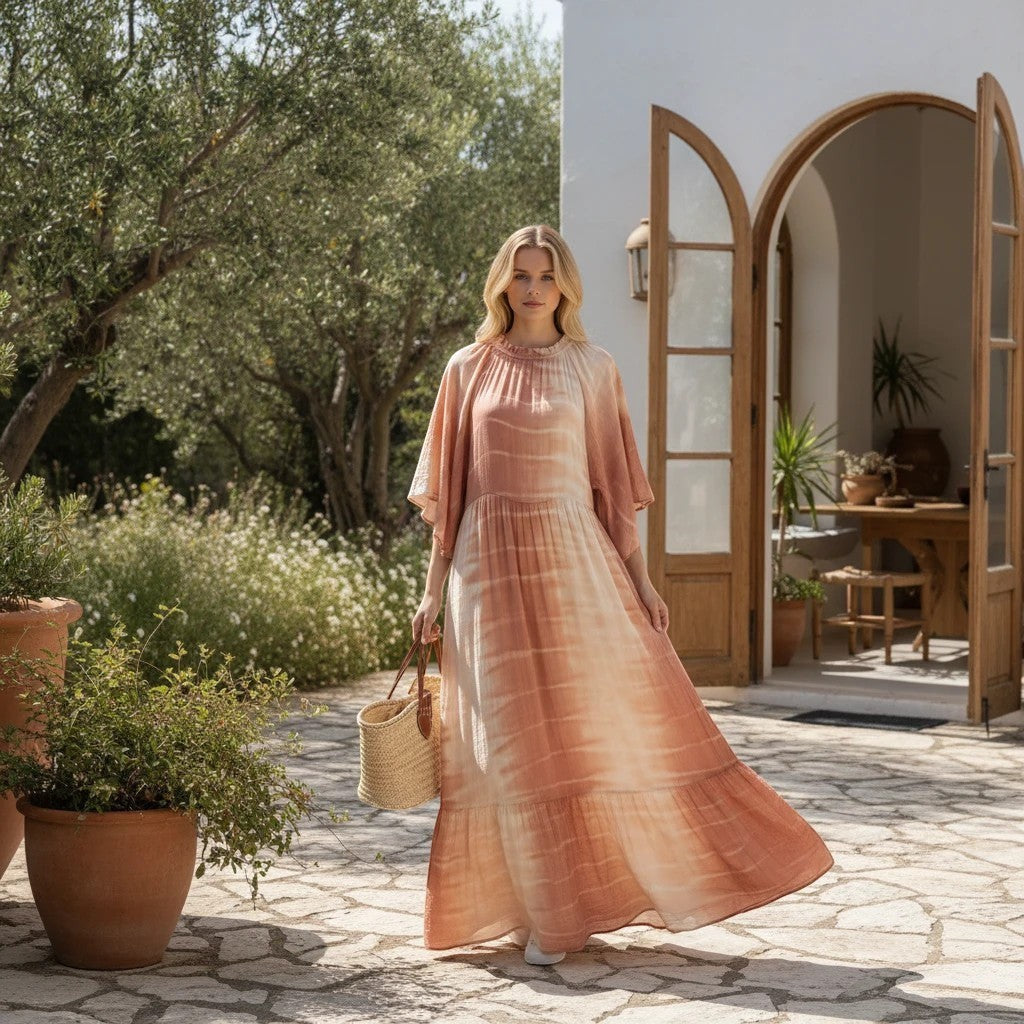 Woman wearing a flowing, tiered boho maxi dress in a peach and cream tie-dye pattern, with wide flutter sleeves and a ruffled neckline. She carries a straw bag.