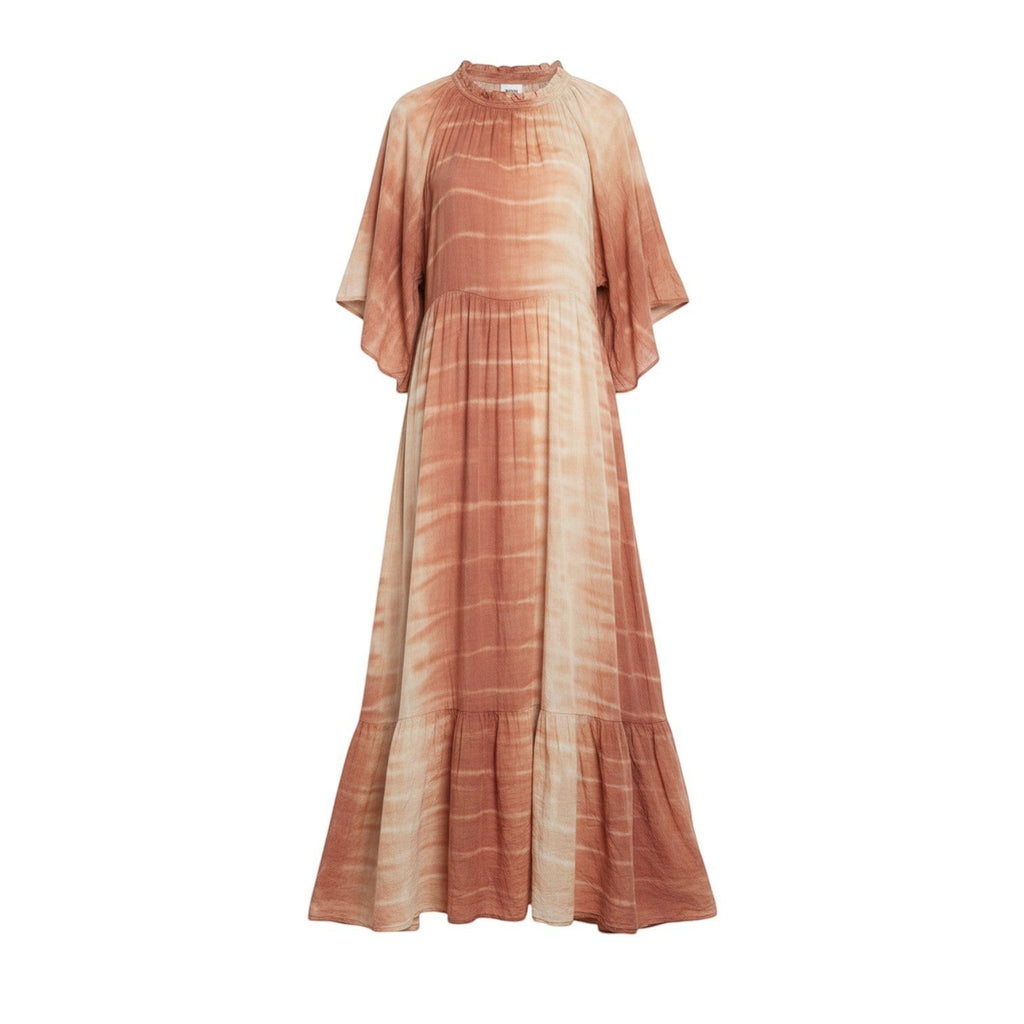 Flowing terracotta and cream tie-dye maxi dress with tiered layers, ruffled neckline, and wide flutter sleeves.