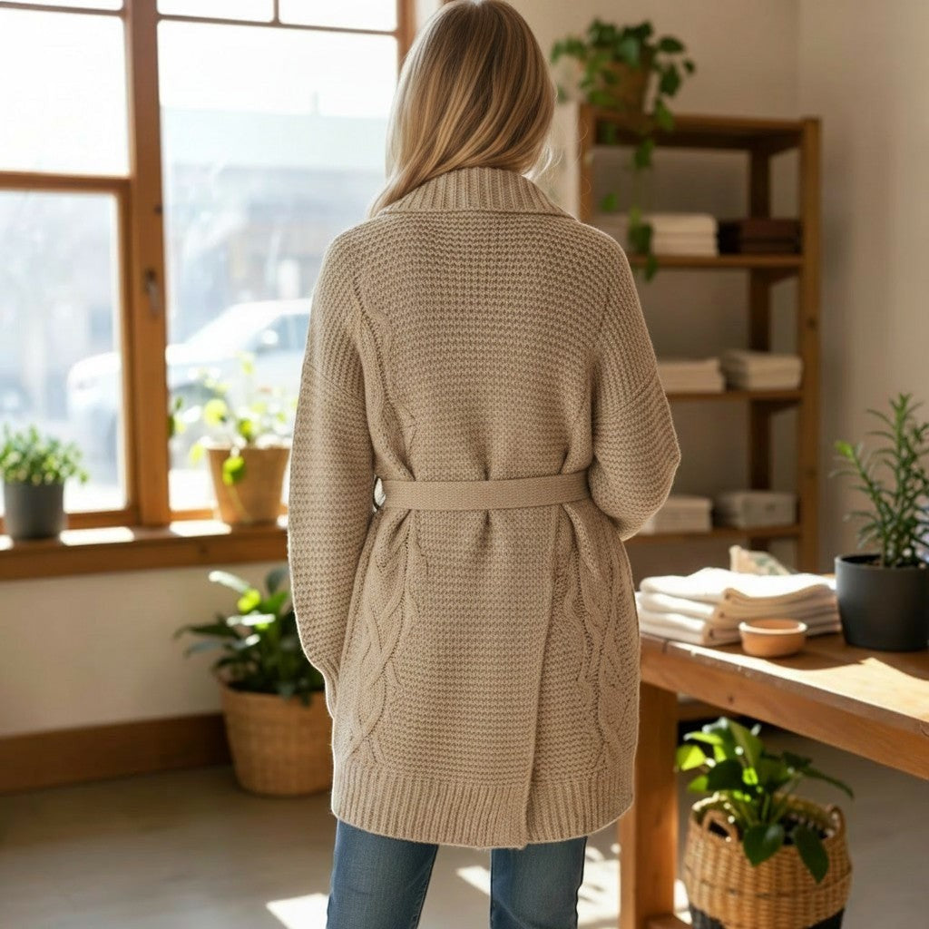 Woman wearing a beige chunky knit oversized wrap cardigan with a belt tie, featuring cable knit detailing on the back panels.