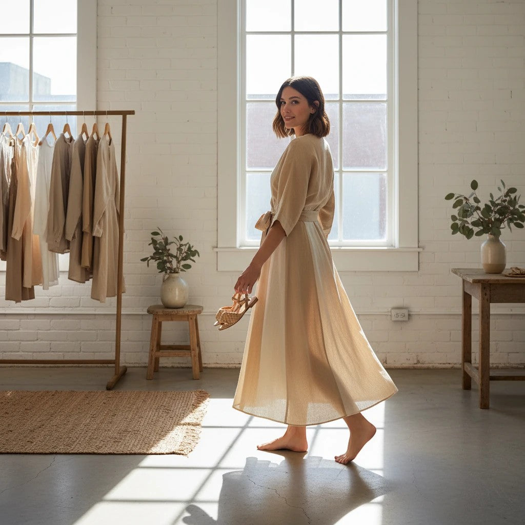 Woman in a beige linen wrap midi dress with a V-neckline and self-tie belt, holding sandals.