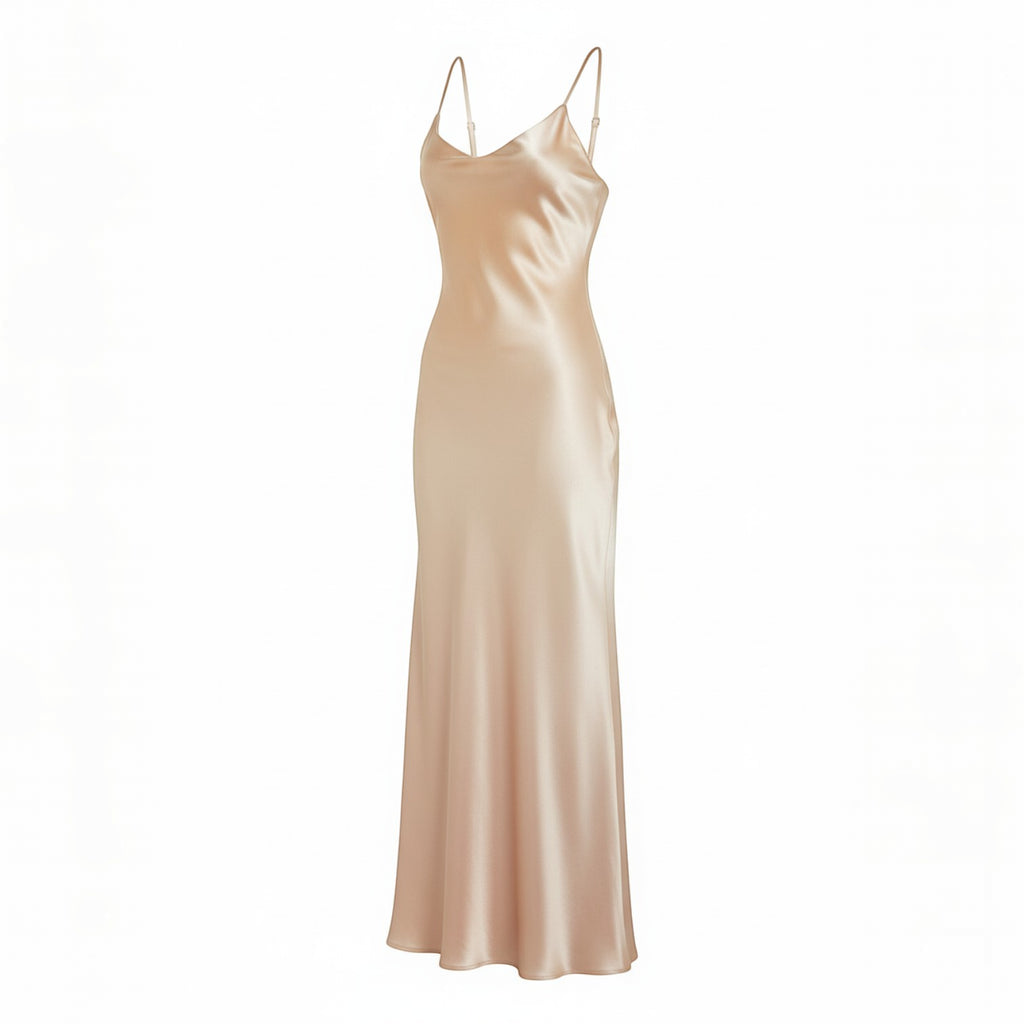 Champagne satin spaghetti strap maxi dress with a V-neckline and a flowing silhouette, perfect for formal occasions.
