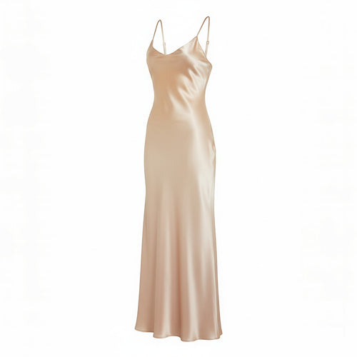 Champagne satin spaghetti strap maxi dress with a V-neckline and a flowing silhouette, perfect for formal occasions.