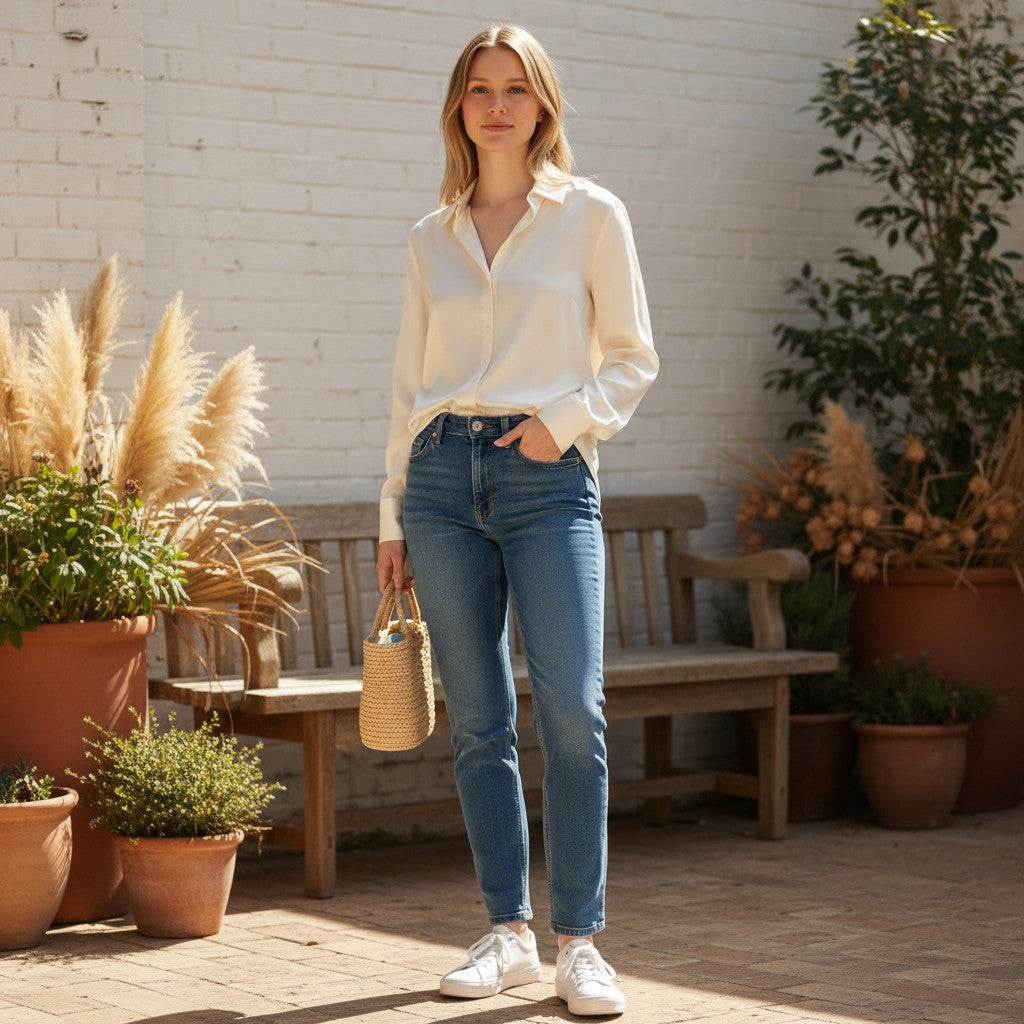 Cream silk-feel button-front blouse with a classic collar and long sleeves, featuring a fluid drape and relaxed fit.