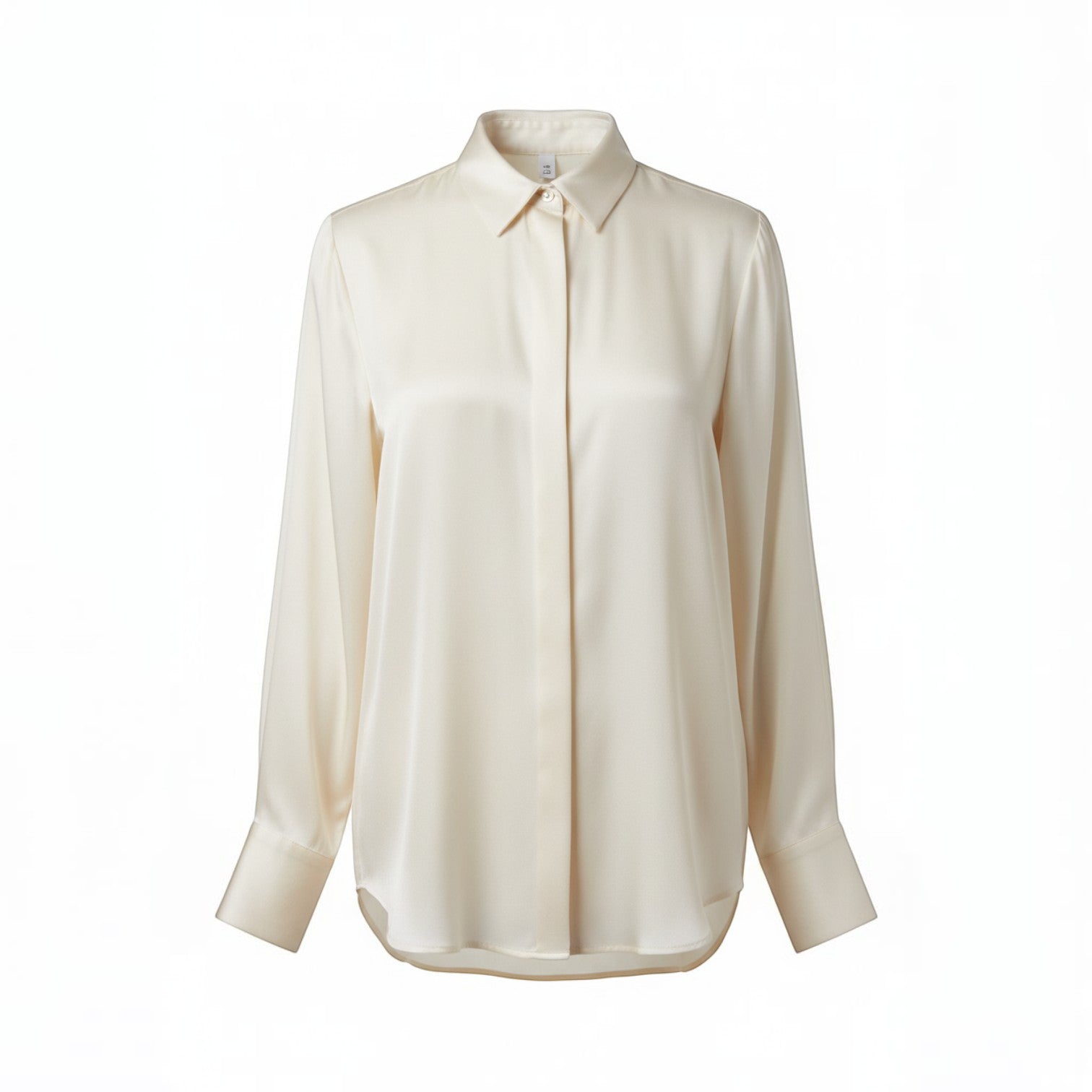 Cream silk-feel button-front blouse with a classic collar and long sleeves, featuring a fluid drape and a subtle sheen.
