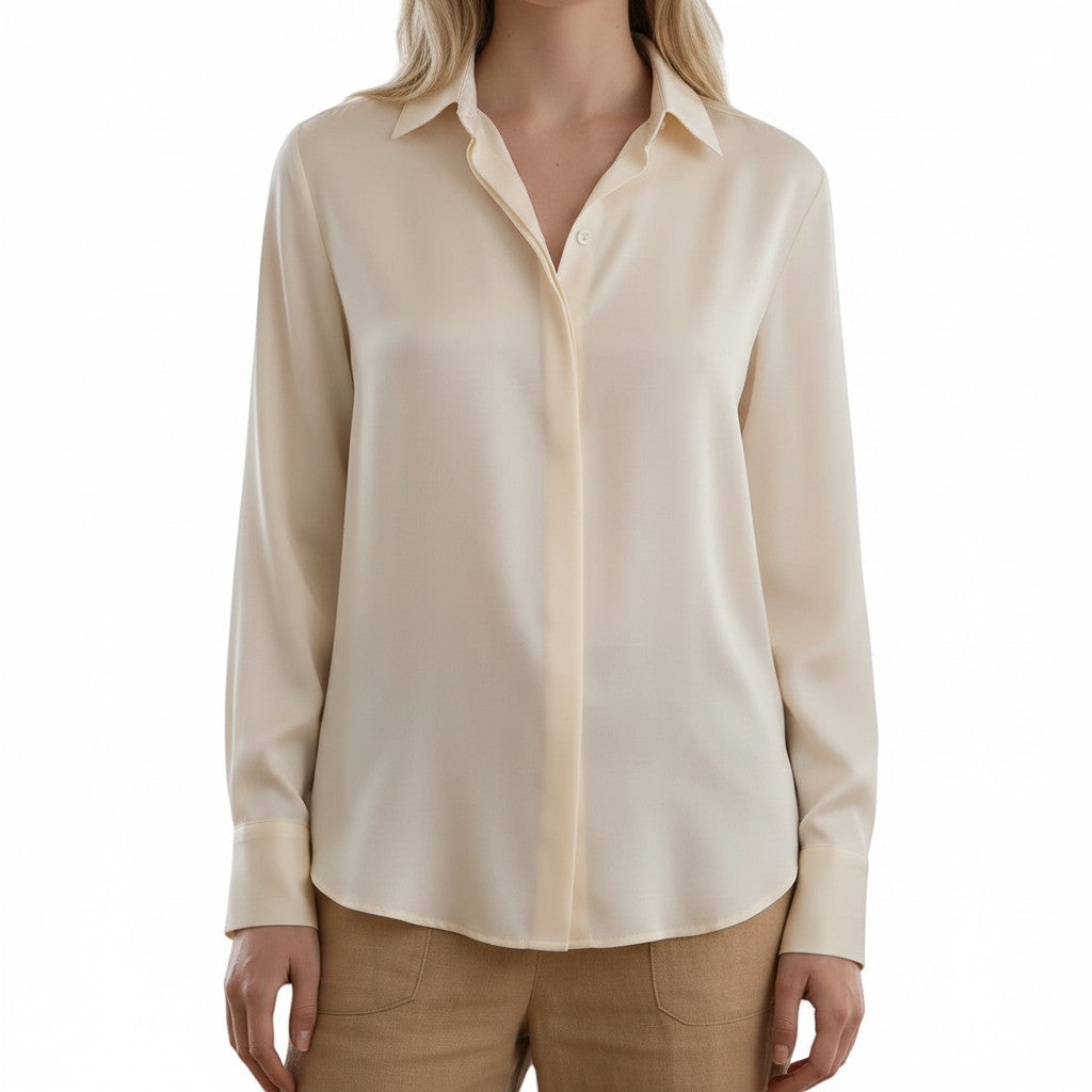 Cream 100% silk long sleeve button-down shirt with a classic collar and button cuffs, worn by a model.