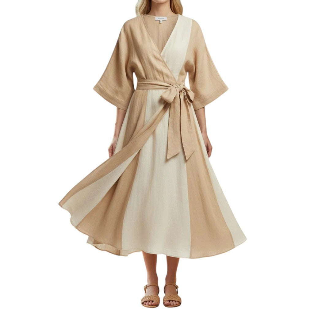 Striped linen wrap midi dress in beige and cream with a V-neckline and self-tie belt, featuring wide sleeves and a flowing A-line skirt.