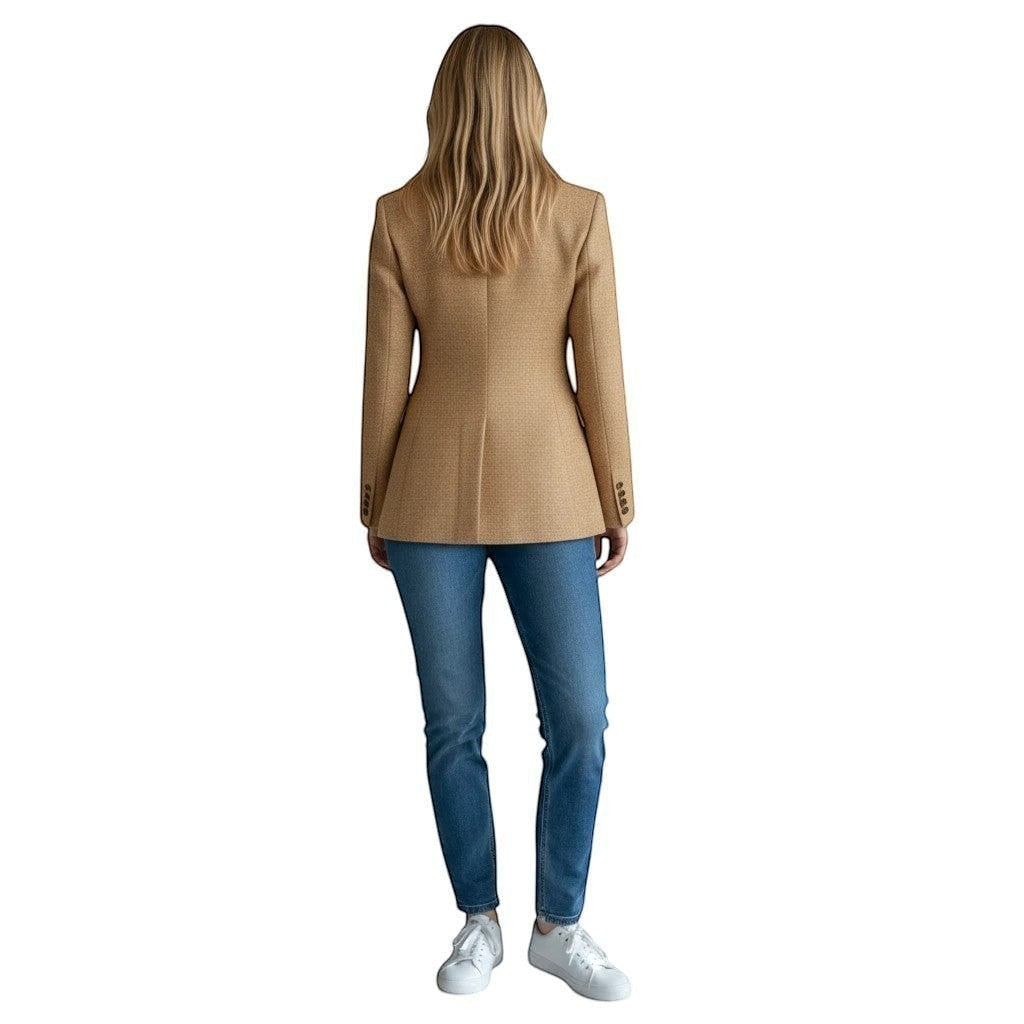 White & Rustic Boutique camel textured single button blazer with lapels and cuff buttons, worn by a woman with jeans.