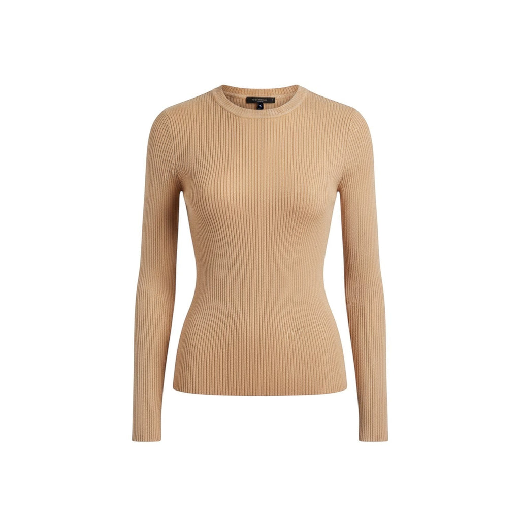White & Rustic Boutique camel ribbed long sleeve crew neck sweater. Soft knit, form-fitting silhouette.
