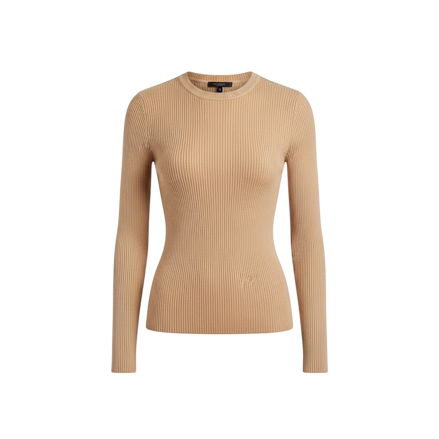 White & Rustic Boutique camel ribbed long sleeve crew neck sweater. Soft knit, form-fitting silhouette.