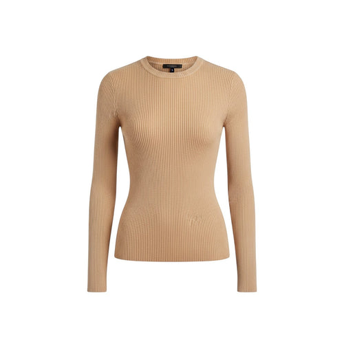 White & Rustic Boutique camel ribbed long sleeve crew neck sweater. Soft knit, form-fitting silhouette.