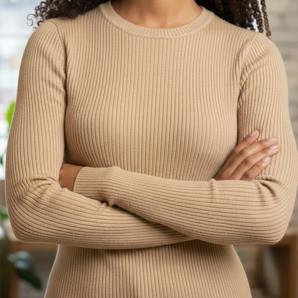 White & Rustic Boutique camel ribbed long sleeve crew neck sweater, form-fitting silhouette.