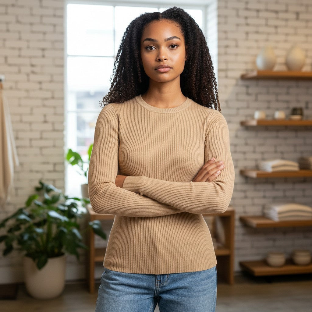 White & Rustic Boutique camel ribbed long sleeve crew neck sweater on a woman with arms crossed.