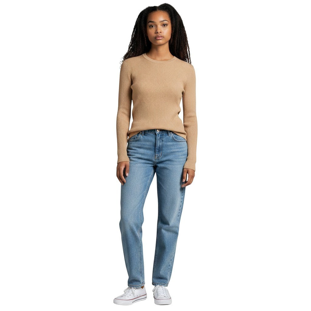 White & Rustic Boutique camel ribbed long sleeve crew neck sweater on a woman wearing blue jeans.