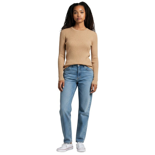 White & Rustic Boutique camel ribbed long sleeve crew neck sweater on a woman wearing blue jeans.