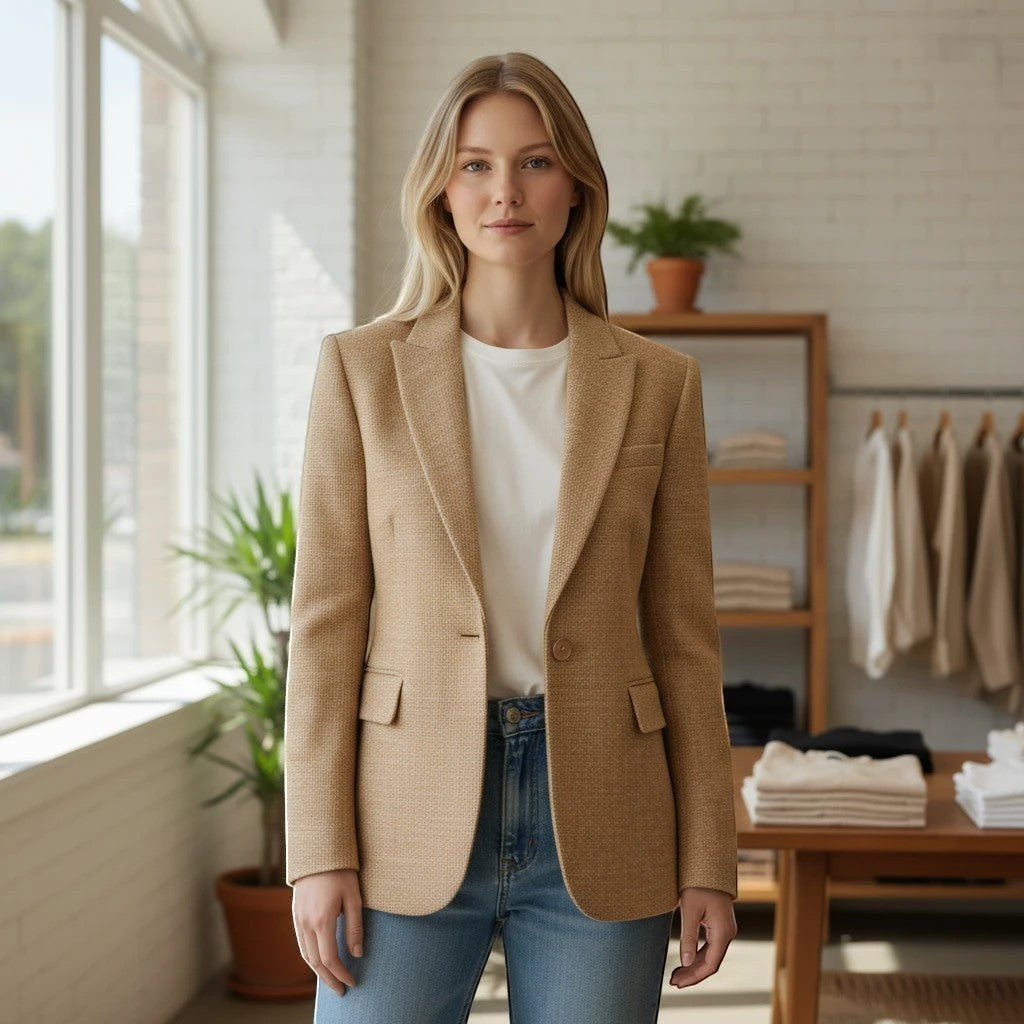 White & Rustic Boutique camel textured single button blazer with lapel and flap pockets.