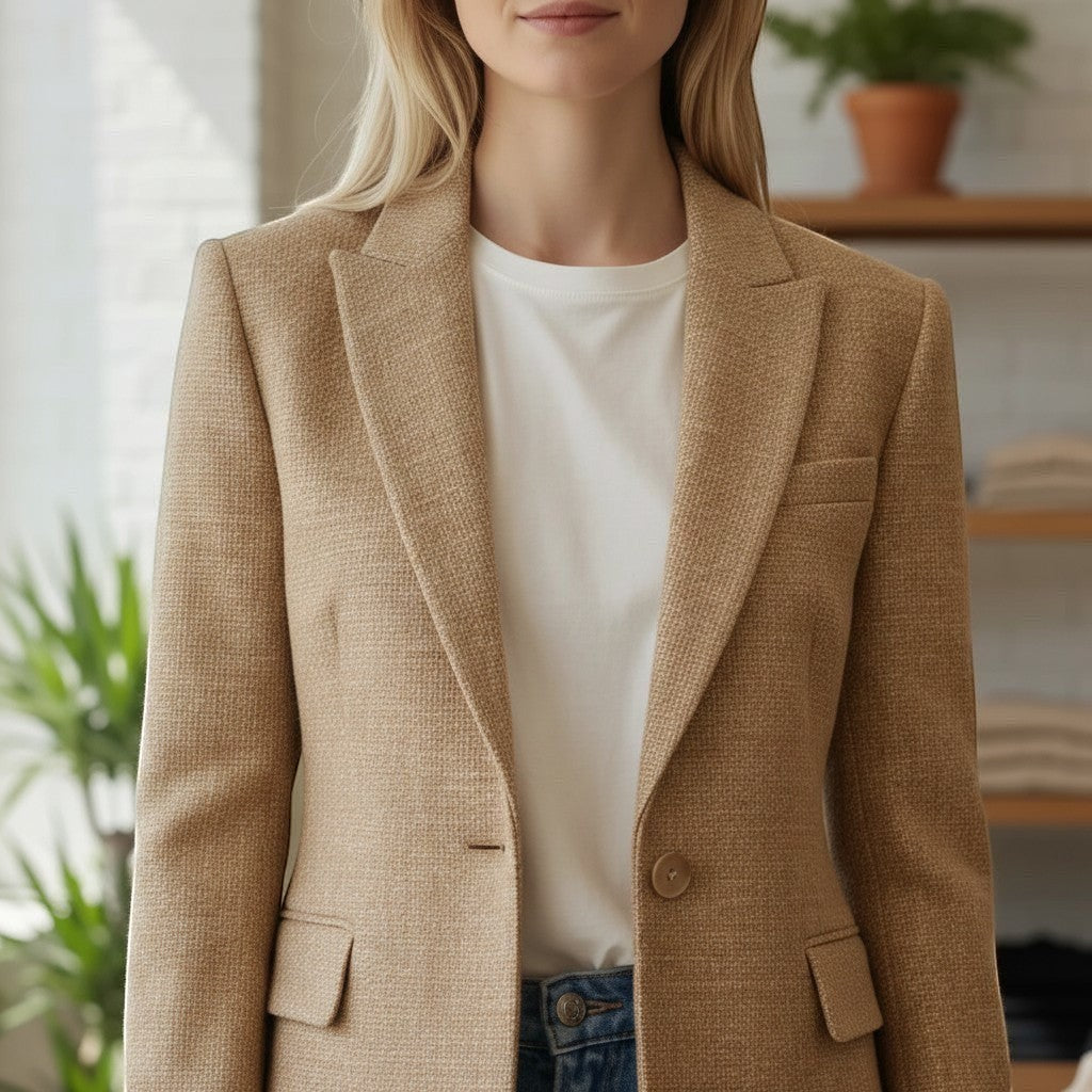 White & Rustic Boutique camel textured single-button blazer with lapel and flap pockets.