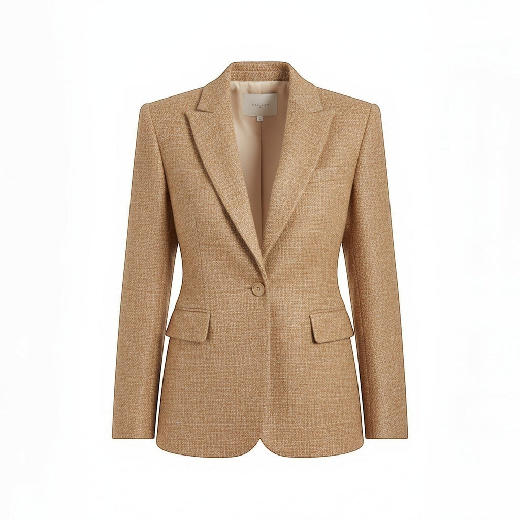 White & Rustic Boutique camel textured single button blazer with lapel and flap pockets.
