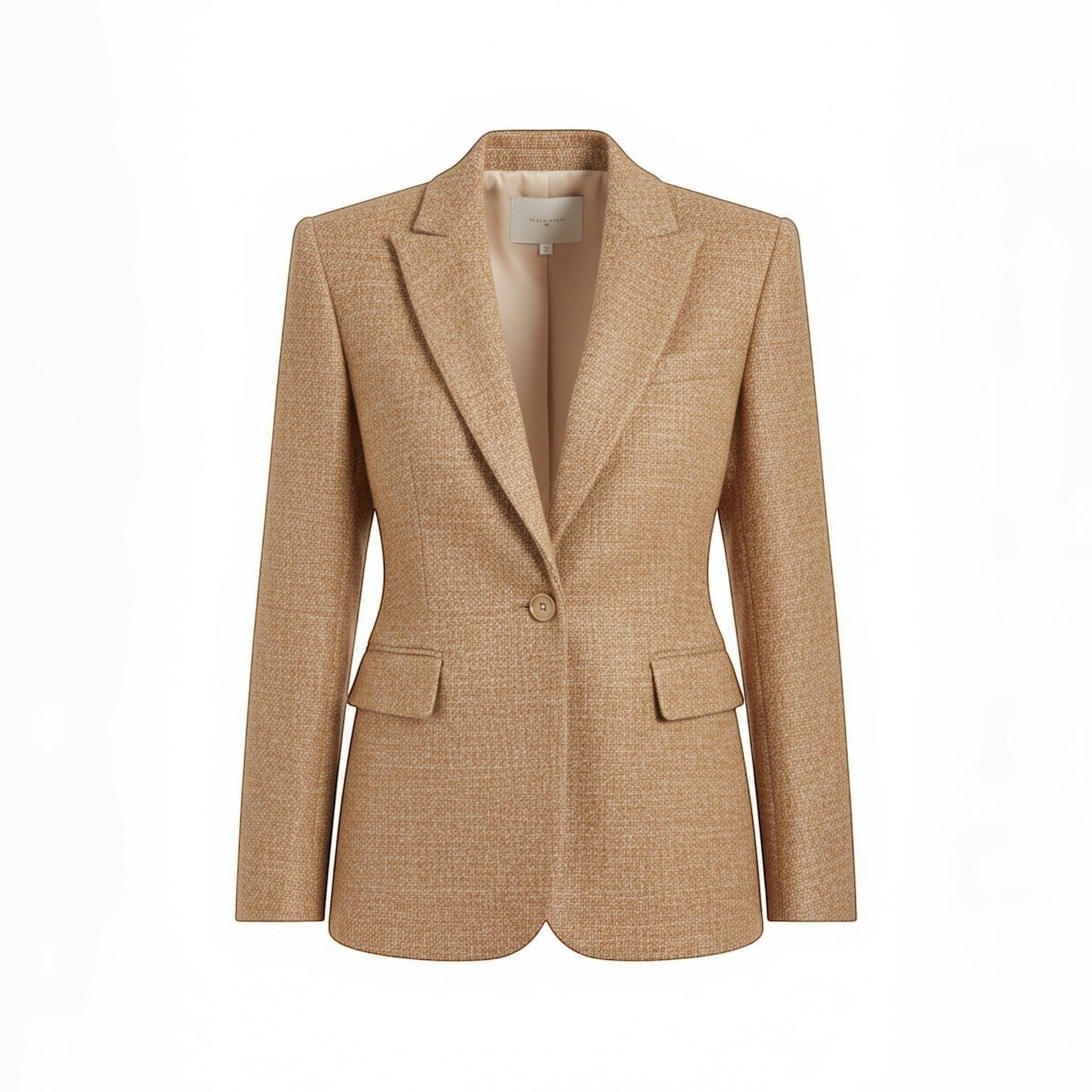 White & Rustic Boutique camel textured single button blazer with lapel and flap pockets.