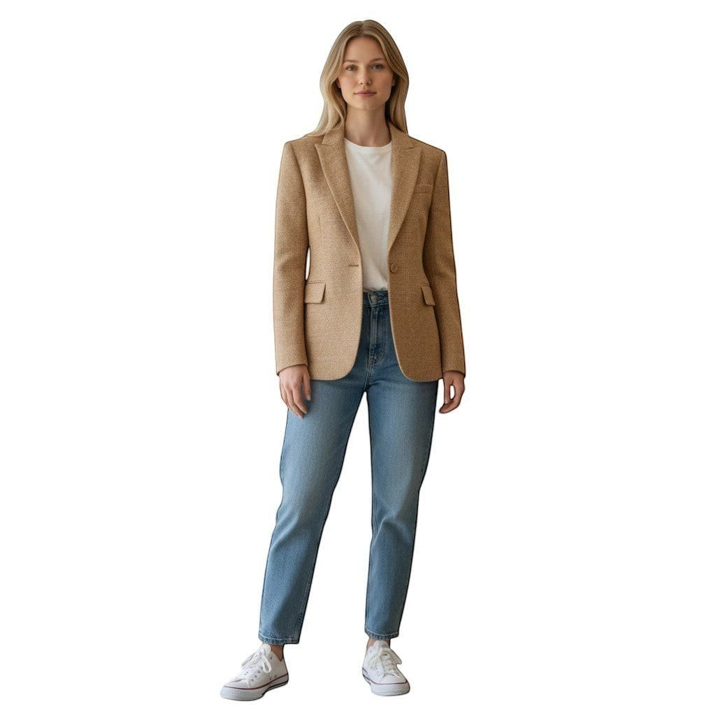 White & Rustic Boutique textured camel single-button blazer with lapel, flap pockets, and cuff buttons.